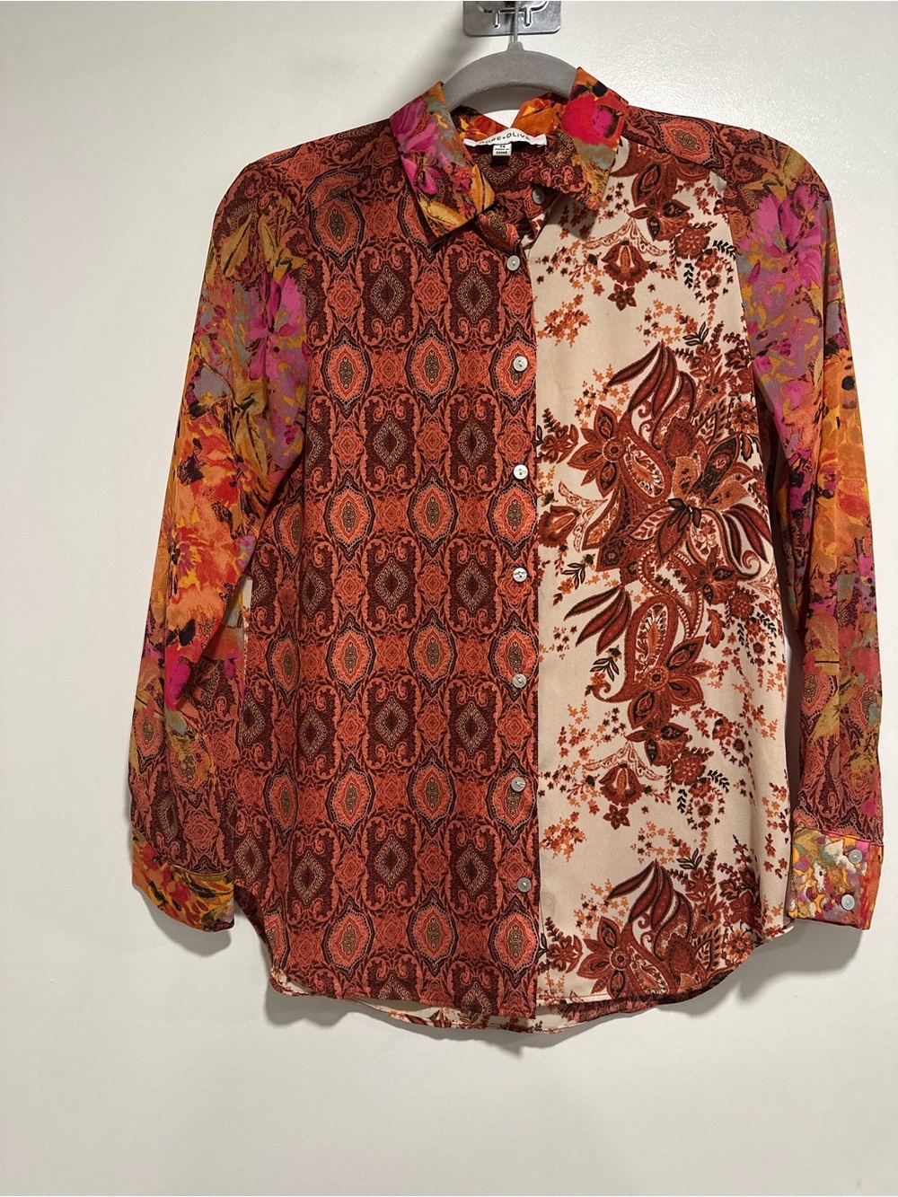 Rose & Olive Rust Cottagecore patchwork Sz:XS paisley floral button-down blouse.
